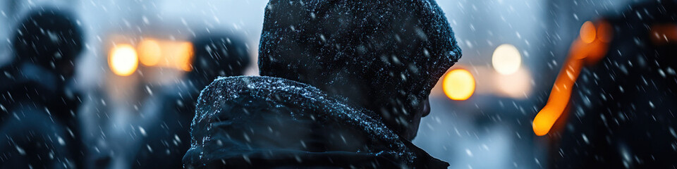 Snow-Covered Hooded Jacket in Snowfall with City Lights