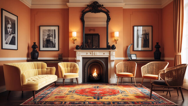 Fototapeta Relaxing eclectic living room design with a fluffy couch red and warm toned walls classic mirror fireplace and patterned carpet accented by pink and peach hues