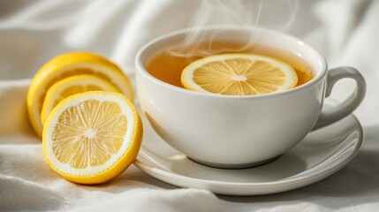 A steaming cup of lemon tea sits on a white saucer with fresh lemon slices nearby, creating a serene mood perfect for a calming afternoon break