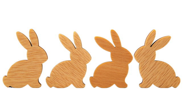 Four wooden easter bunnies creating a festive border on transparent background
