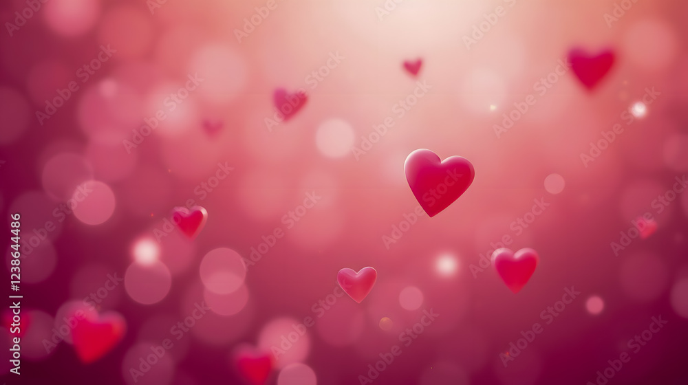 Poster romantic heart shapes floating in a soft pink background with bokeh effect for love and affection th