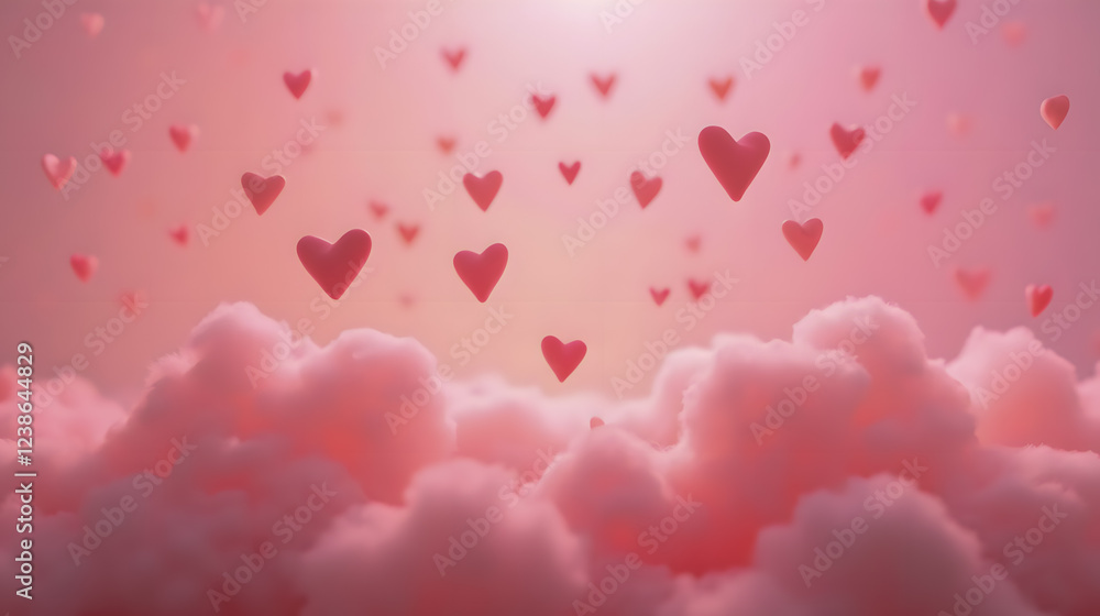 Poster Soft Pink Clouds with Floating Hearts Creating a Dreamy Romantic Atmosphere in a Visual Fantasy Background