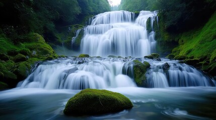 Obraz premium Waterfall scenes nature idea. Serene waterfall cascading over lush rocks in a tranquil natural setting.