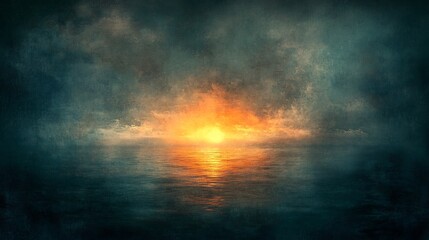 Fiery sunset dramatically lights dark ocean cloudscape. AI Generated