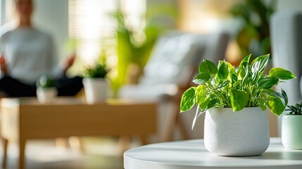 Peaceful Indoor Space with Houseplants and Person Meditating