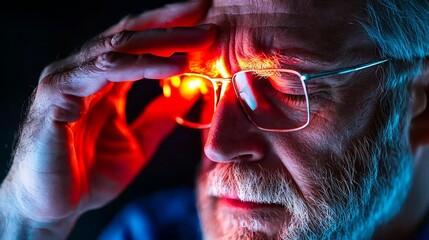 Elderly man with glasses experiencing discomfort from bright light