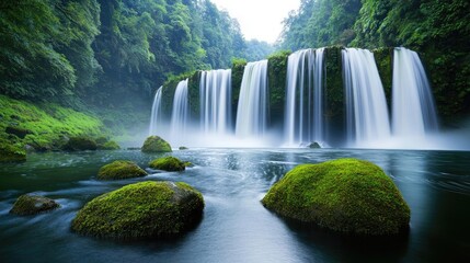 Obraz premium Waterfall scenes nature idea. Beautiful waterfall cascading into a serene pool, surrounded by lush green nature.