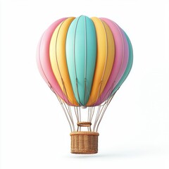 Naklejka premium Hot air balloon with vibrant colors and a woven basket, isolated on white background