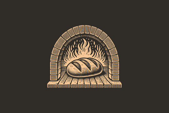 Vintage oven arch logo with bread baking over embers, vector icon