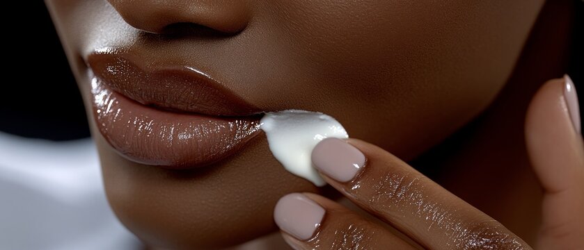 A woman gently applies a creamy lip moisturizer, highlighting her well-groomed hand and the glossy finish on her lips, showcasing a beauty routine