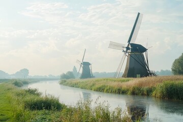 Naklejka premium White wind mills for grinding wheat.