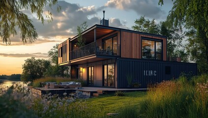 A modern house made of shipping containers, situated on the riverbank in central Europe