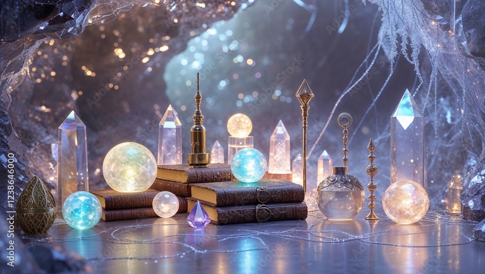 Poster elegant display of mystical crystals and orbs arranged on books in a captivating cave setting