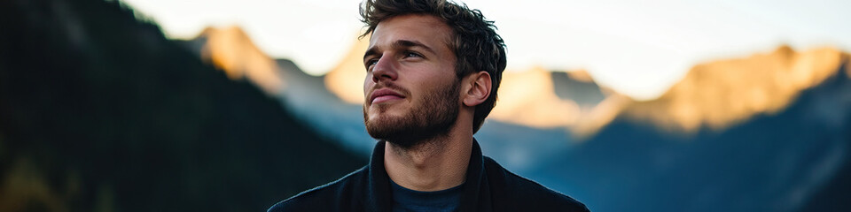 Obraz premium Portrait of Young Man Against Mountain Background