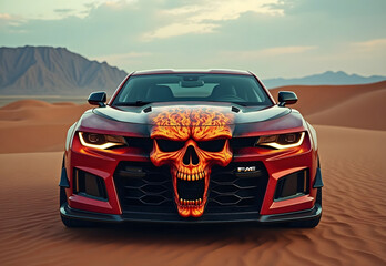 Fototapeta premium A car featuring a striking skull design painted prominently on its front, showcasing a bold and edgy aesthetic.