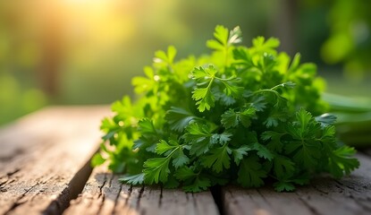 Fresh green leaves and herbs on a wooden table illuminated by natural sunlight close-up photography of nature and organic plants