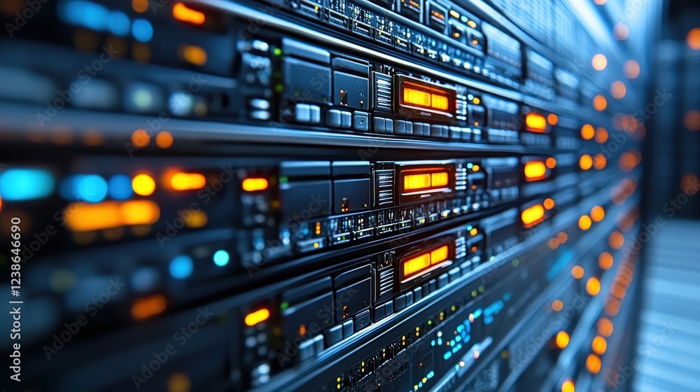 Poster close-up of a modern data center server rack with illuminated indicators and cables