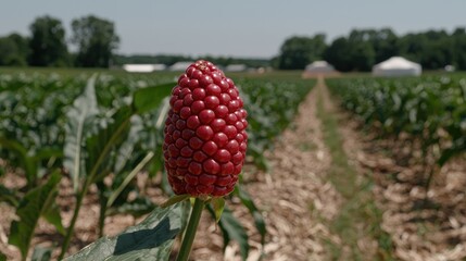 Fototapeta premium Red corn cob in field, rural farm background, agriculture