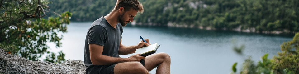 Obraz premium Man Writing in Notepad by Lake