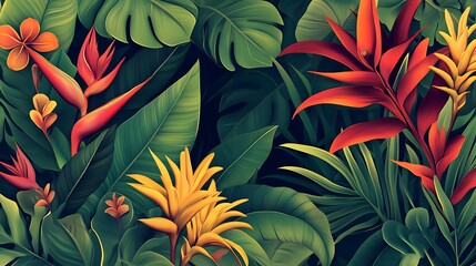 A vibrant tropical garden featuring heliconias, bromeliads, and lush green leaves