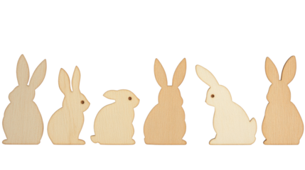 Row of wooden easter bunny shapes on transparent background