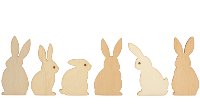 Row of wooden easter bunny shapes on transparent background