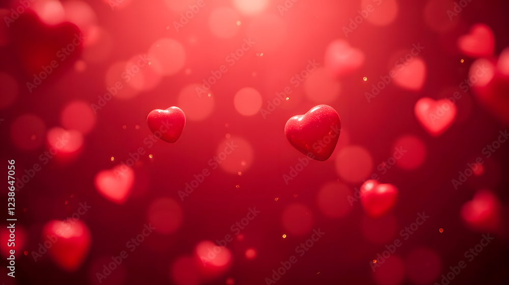 Poster floating red hearts on blurred background with soft bokeh lights for romantic themes and events