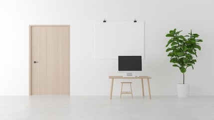 Minimalist home office with desk, computer, and plant