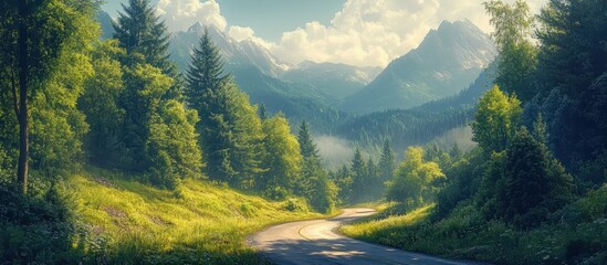 Fototapeta premium ** Serene Mountain Landscape with Winding Road and Lush Greenery Under a Clear Blue Sky on a Sunny Day in the Countryside..**