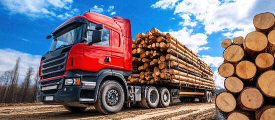 Red logging truck carrying stacked wood logs on dirt road