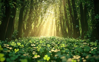 Obraz premium Mystical Irish Forest with Sunlight Filtering Through Shamrock-Covered Trees, Magical Fairy Tale Setting