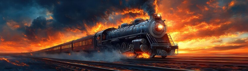 Obraz premium Vintage Steam Train Racing Through Fiery Sunset with Dramatic Clouds and Vibrant Colors in a Stunning Landscape