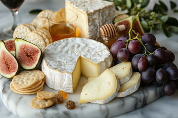 A cheese and fruit platter with a glass of wine