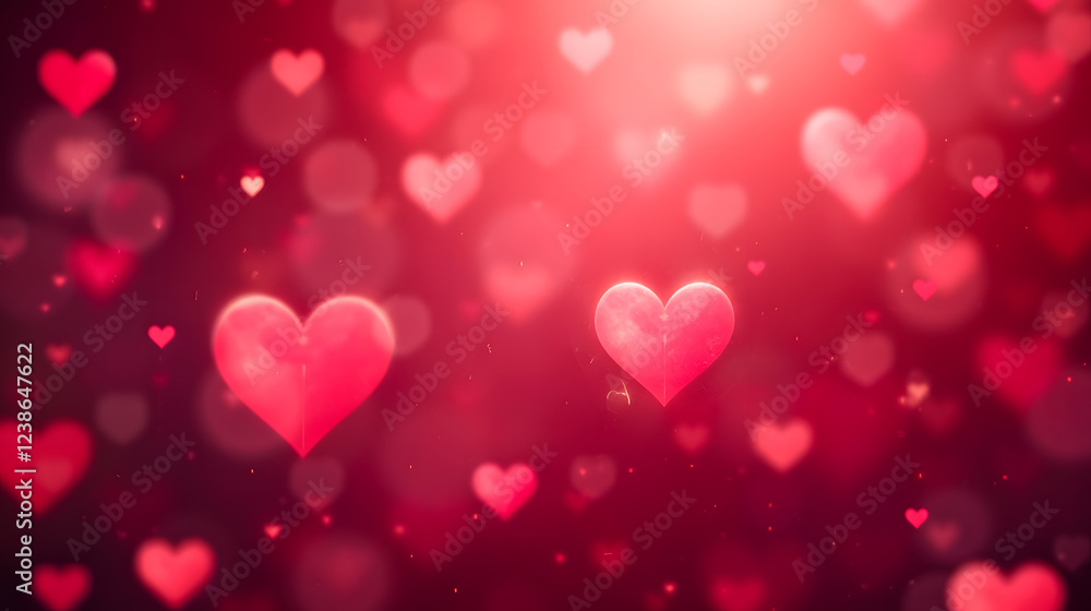 Poster romantic hearts floating in a dreamy background with warm red bokeh and sparkling light for love and