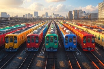 Fototapeta premium Vibrant Trains Aligned on Tracks in Urban Setting with Cityscape and Cloudy Sky in Background
