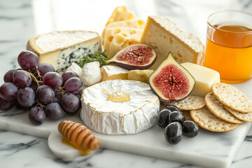 A white cheese board with a variety of cheeses and fruits, including grapes