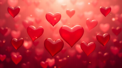 Floating Red Hearts Against a Soft Pink Background for Romantic and Love-themed Designs or Celebrations in a Charming Atmosphere