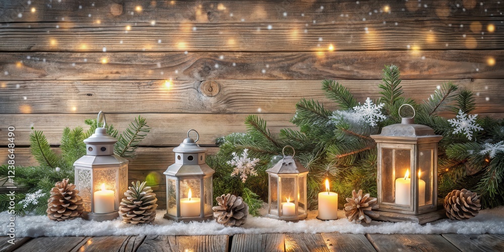 Aufkleber rustic winter holiday scene with illuminated lanterns and evergreen branches
