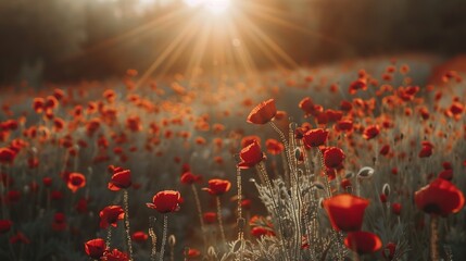 Obraz premium The Mesmerizing Harmony: A Poppy Field Illuminated by Enchanting Sun Rays
