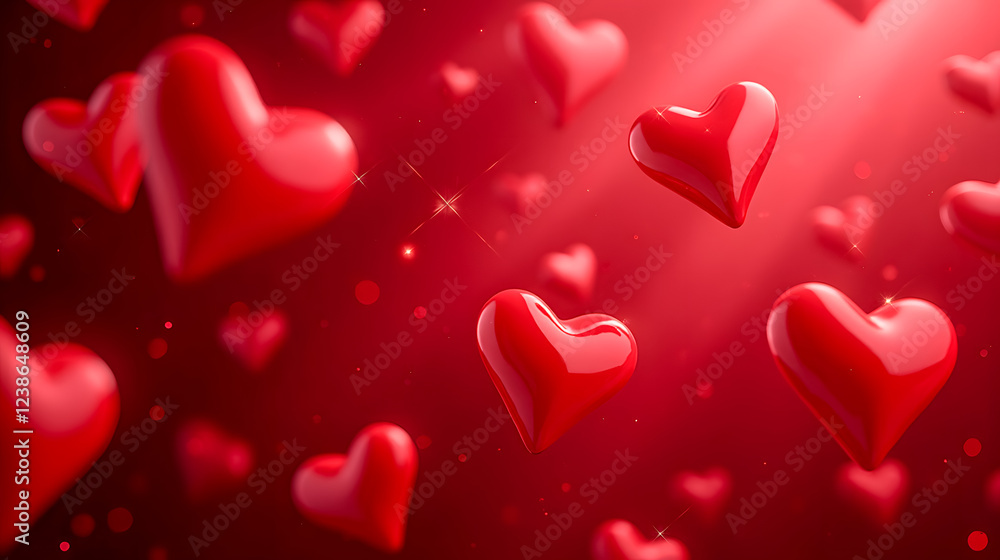 Poster red hearts floating in a vibrant background with sparkles and light rays creating a romantic and fes