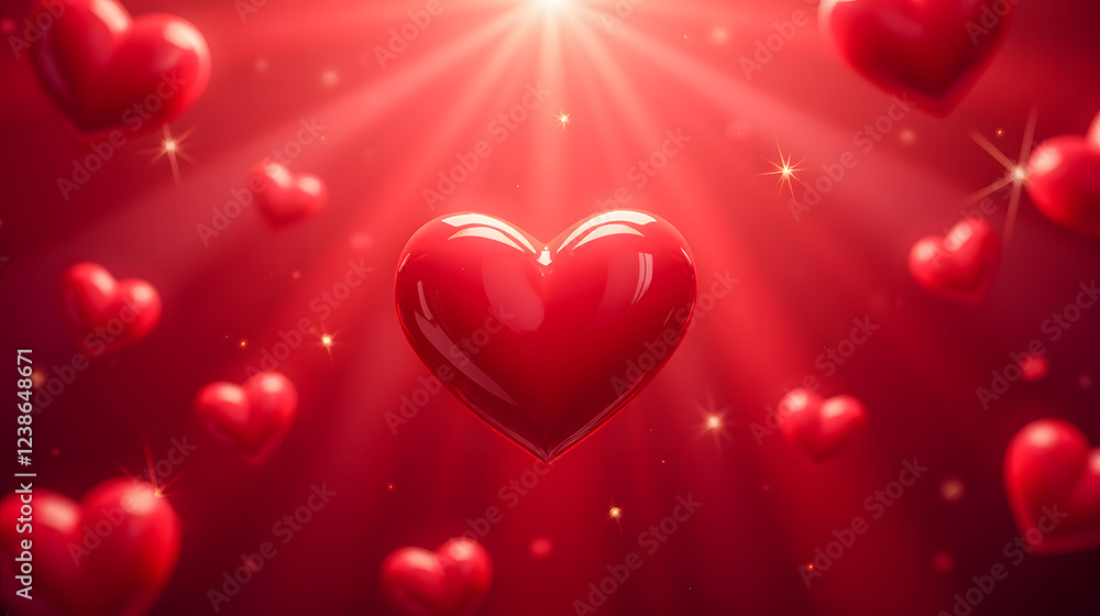 Poster glowing red hearts floating against a blurry background with rays of light and sparkles for romance 