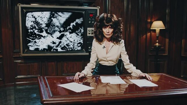 Female news anchor reporting breaking news about a nuclear explosion, displayed on a vintage television in an elegant, wood-paneled studio, conveying urgency and professionalism