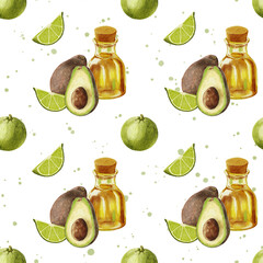 Watercolor avocado pattern. Seamless pattern with avocado and lime, and a bottle of oil on a background of watercolor blots. A slice of lime and half of an avocado with a stone. Design for food