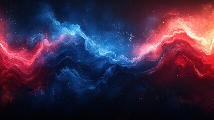 Abstract cosmic nebula with red and blue energy waves.