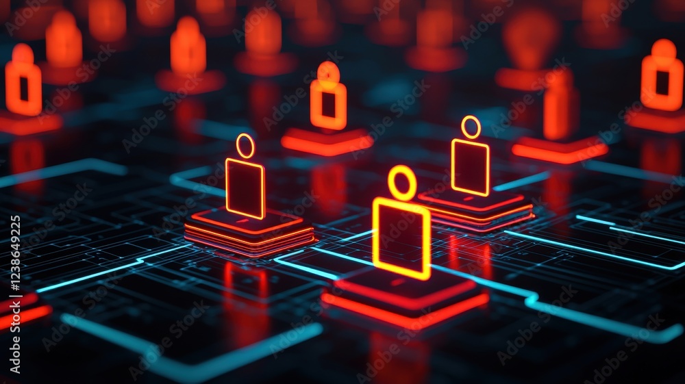 Poster a digital network visualization featuring glowing red and blue icons representing individuals and se