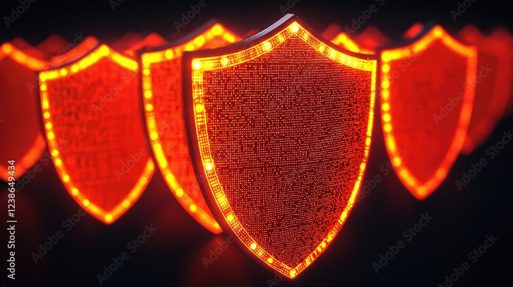 Poster a row of illuminated red shields, symbolizing protection and security, set against a dark background
