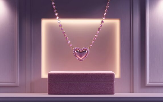 Luxury Valentines Day jewelry display with a heart-shaped necklace, a velvet box, and a customizable space for text
