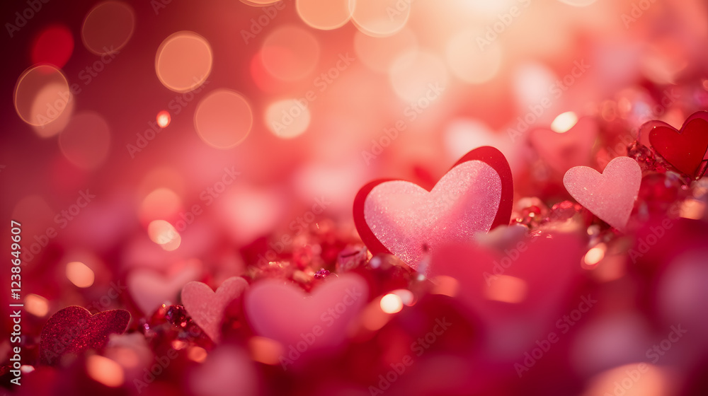 Aufkleber romantic heart shapes on a soft abstract background with beautiful bokeh effects in shades of red an