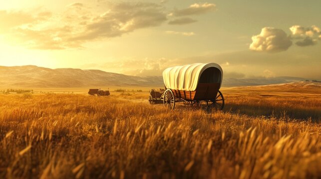 Covered Wagon Journey Across Golden Prairie Sunset