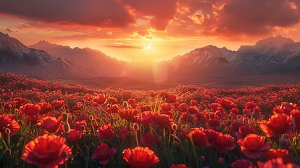 The Mesmerizing Harmony: A Poppy Field Illuminated by Enchanting Sun Rays